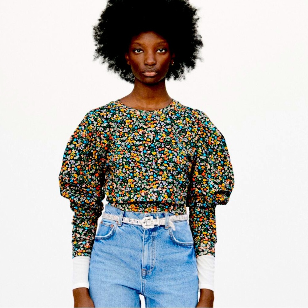 Zara Voluminous Floral Puff Sleeve Sweatshirt Top Small
